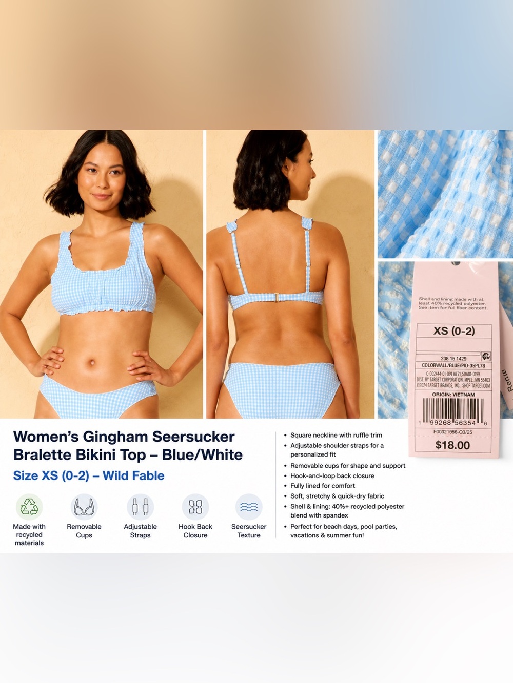 wild fable Blue and White Gingham Seersucker Bikini Top
